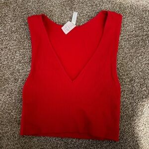 Red V-Neck Ribbed Women's Top